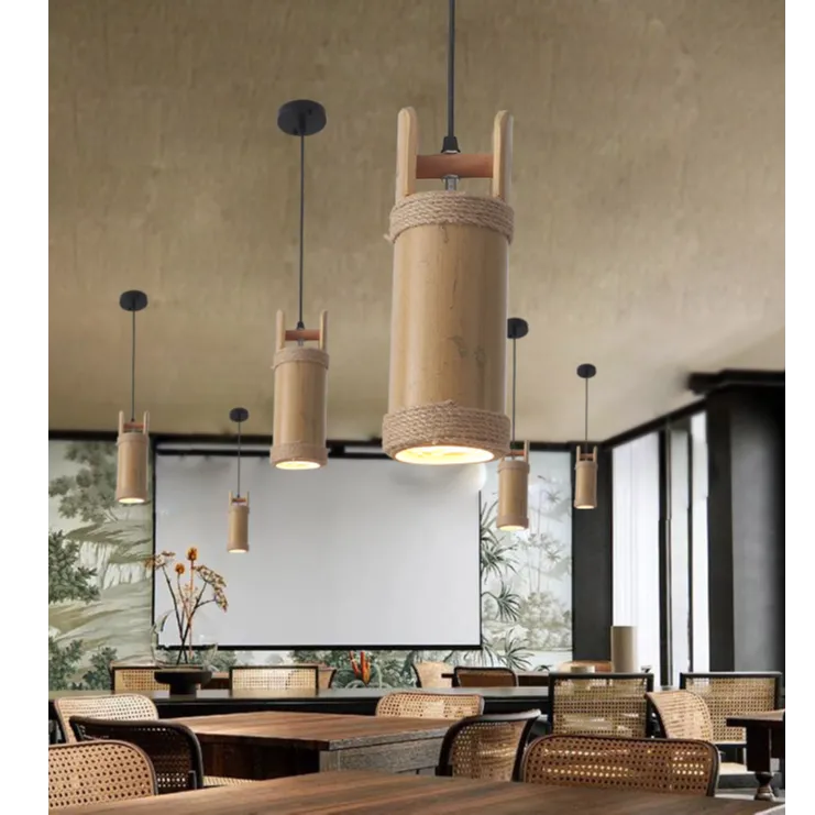 工业风竹筒复古麻绳吊灯乡村风餐厅吧台服装火锅店民宿木头装饰灯
