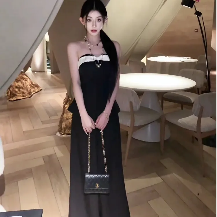 黑色街头风背心时尚套装女夏季性感辣妹法式抹胸上衣阔腿裤子套装