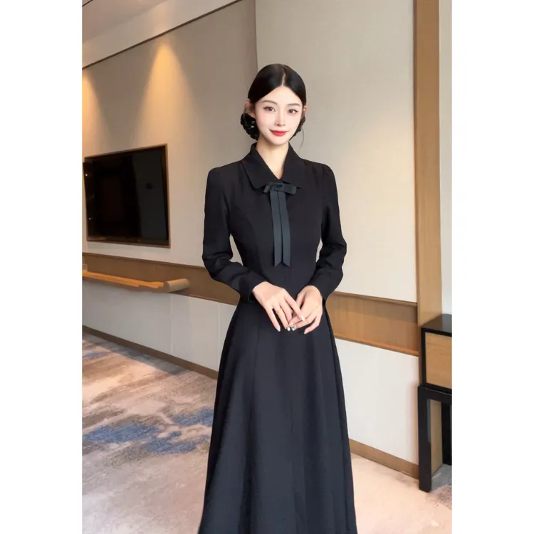 2025秋冬新款复古polo领收腰设计长袖减龄感连衣裙C001