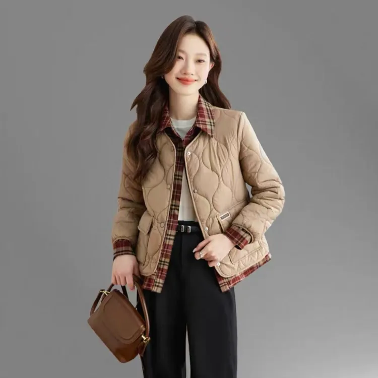 199衣长58时尚格子拼接棉服女冬季洋气减龄设计感假两件棉衣外套