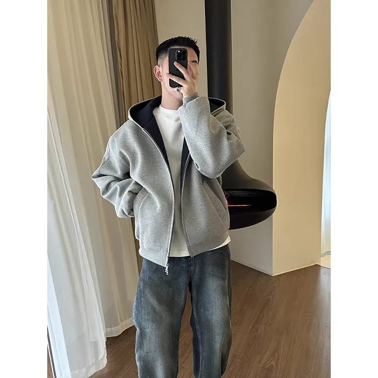 美式休闲百搭拼色连帽卫衣外套男士潮流时尚宽松双拉链开衫秋冬季