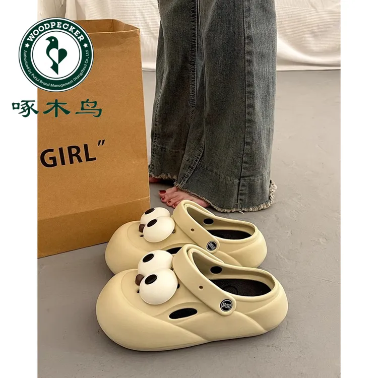 啄木鸟高级感厚底洞洞鞋女2025新款夏外穿一脚蹬懒人沙滩包头拖鞋