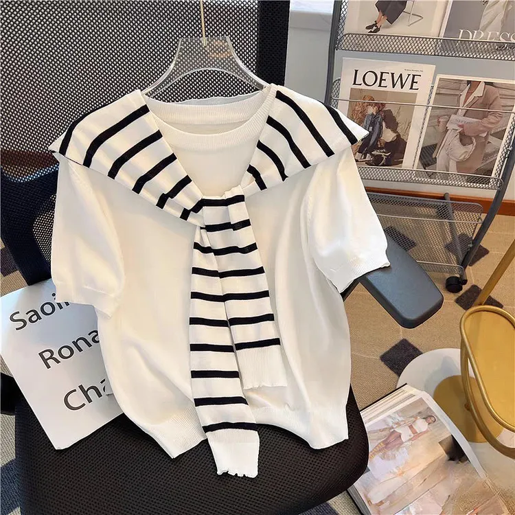 【运费险】韩版假两件短袖针织衫网红宽松上衣