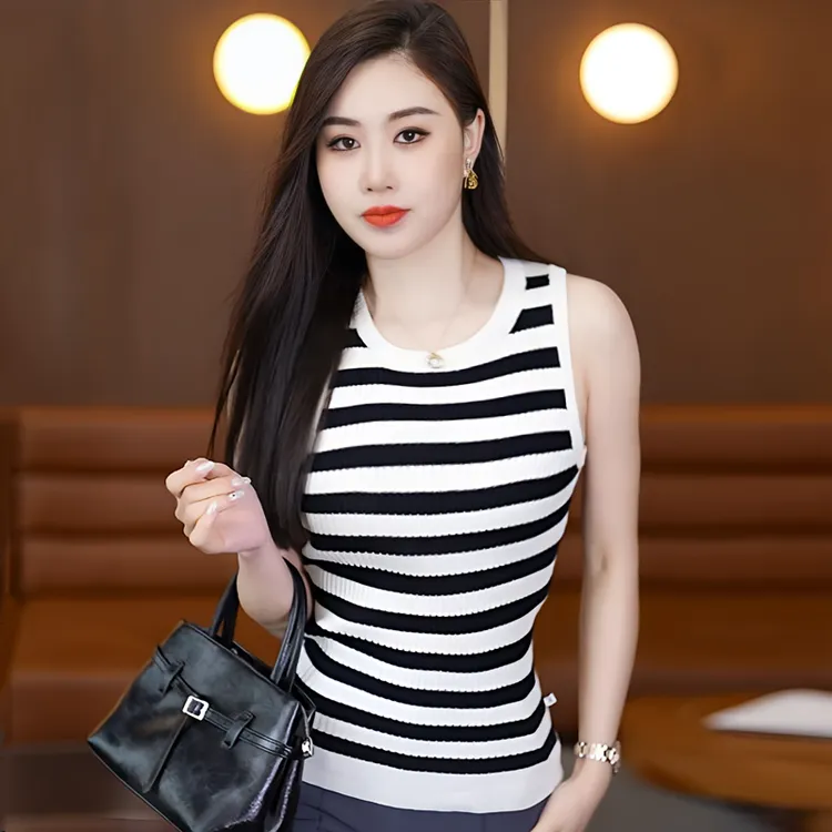 妈妈装黑白条纹背心女士背心内搭无袖中老年女装妈妈装妈妈春秋款