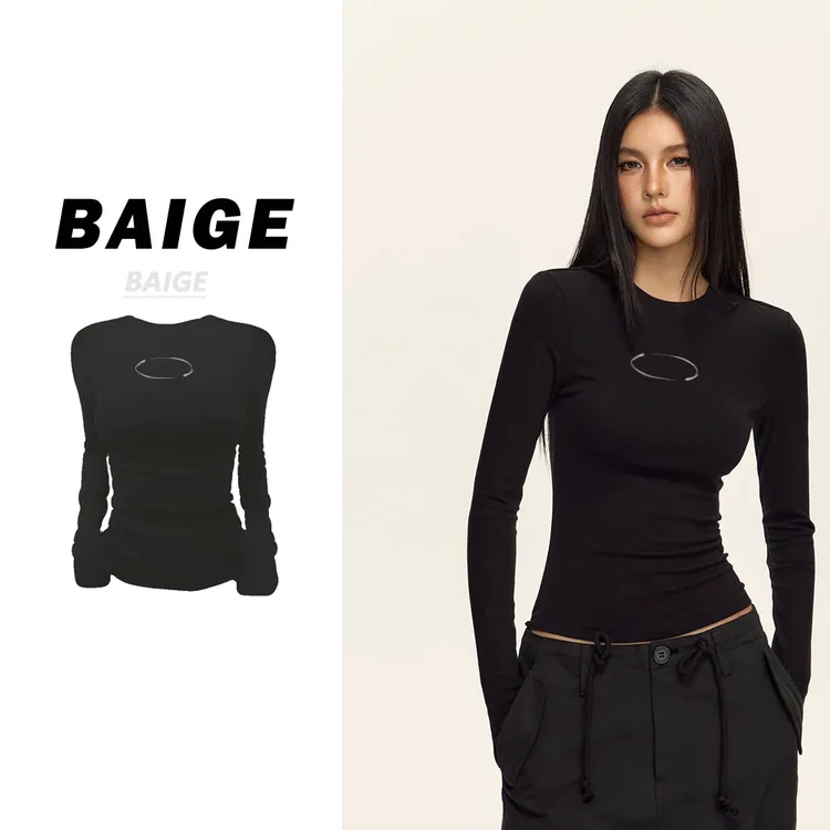 BAIGE 圆领百搭长袖健身常规款老钱风T恤纯色秋冬百搭运动印花