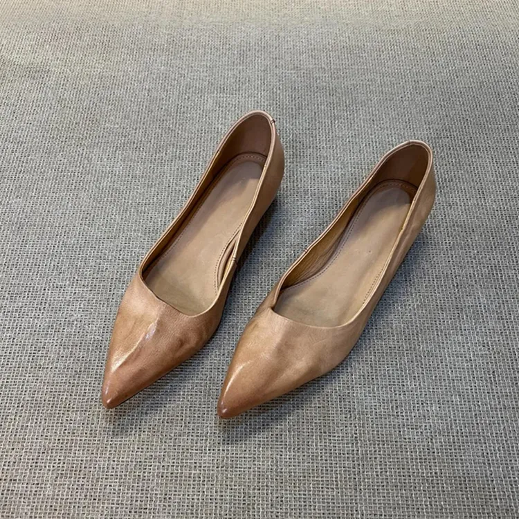 羊皮版~尖头气质低跟单鞋女浅口通勤鞋一脚蹬法式简约职业工作鞋