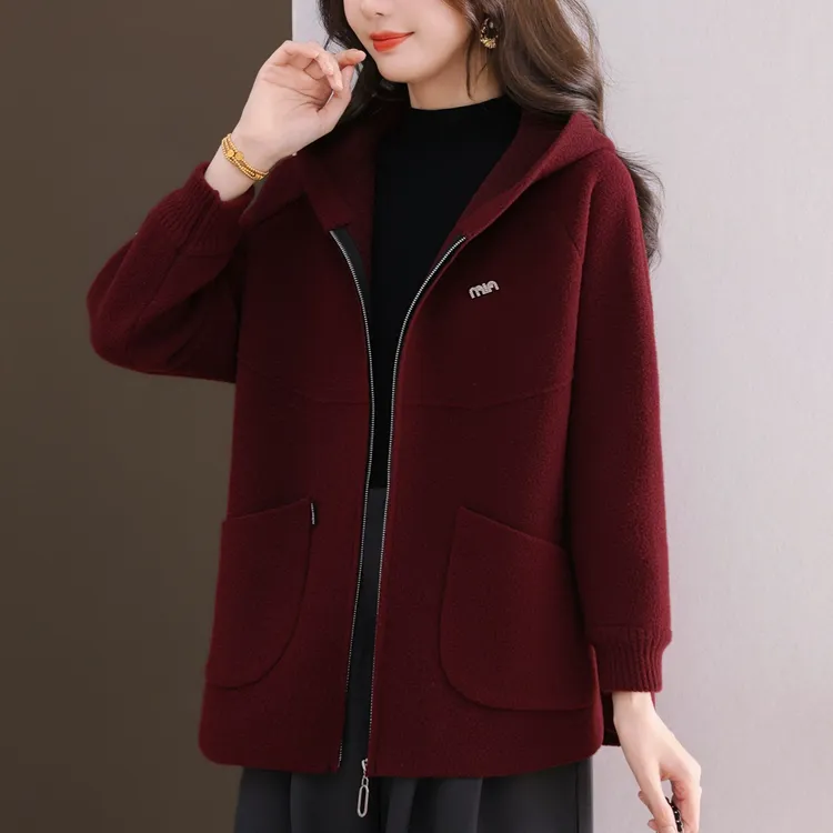 秋冬新款连帽毛呢外套女宽松加肥加大码休闲时尚百搭洋气针织开衫