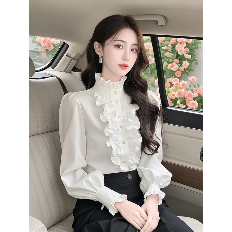 白色立领木耳边衬衫2025女春季款超好看独特漂亮上衣气质休闲百搭