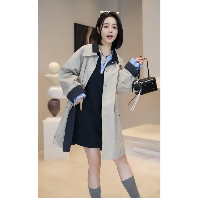 【YUE YUE】春秋两面穿翻领中长款风衣宽松两面穿外套女W999