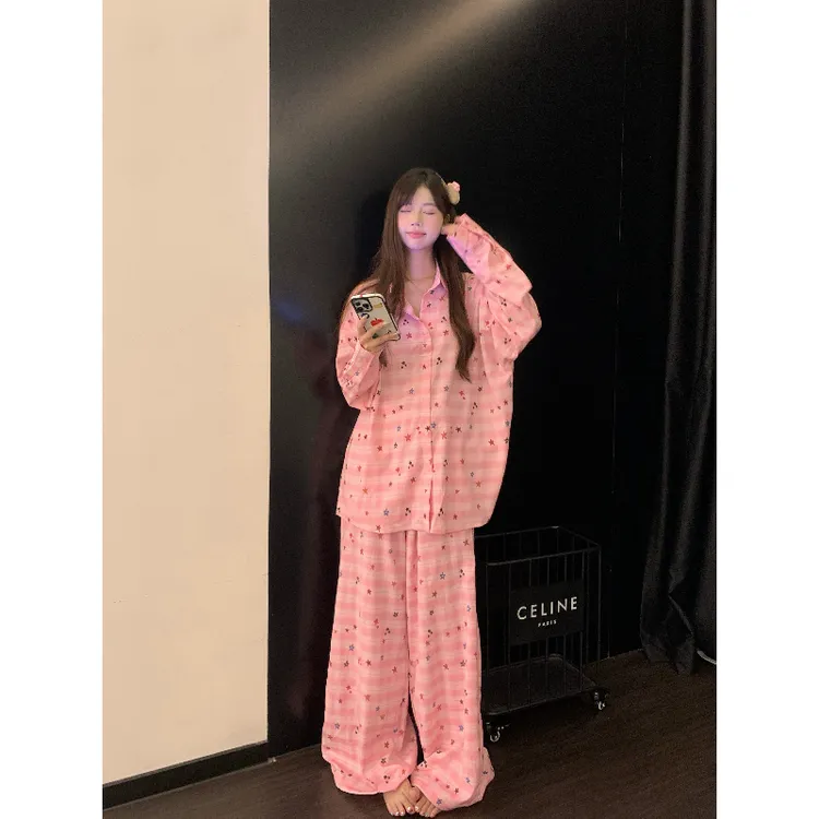 甜美少女彩色条纹长袖睡衣女春秋季新款洋气休闲可外穿居家服套装