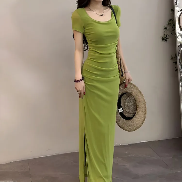 纯欲气质U领短袖性感名媛包臀连衣裙女2025新款夏季小众独特长裙