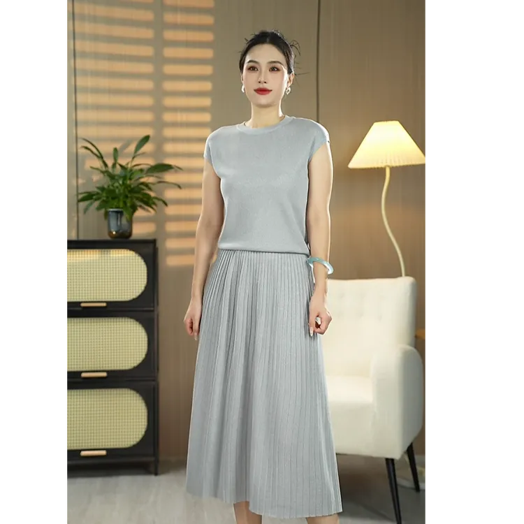 【璀璨星河】小香风针织半身裙套装女夏季轻熟风短袖百褶裙两件套