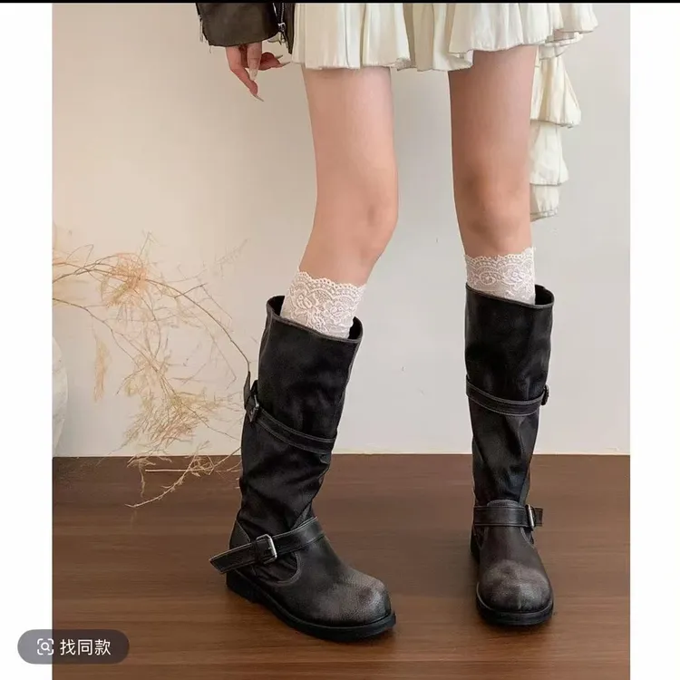 "炸街辣妹！"复古擦色做旧长筒机车靴女粗跟中筒靴工装不过膝长靴