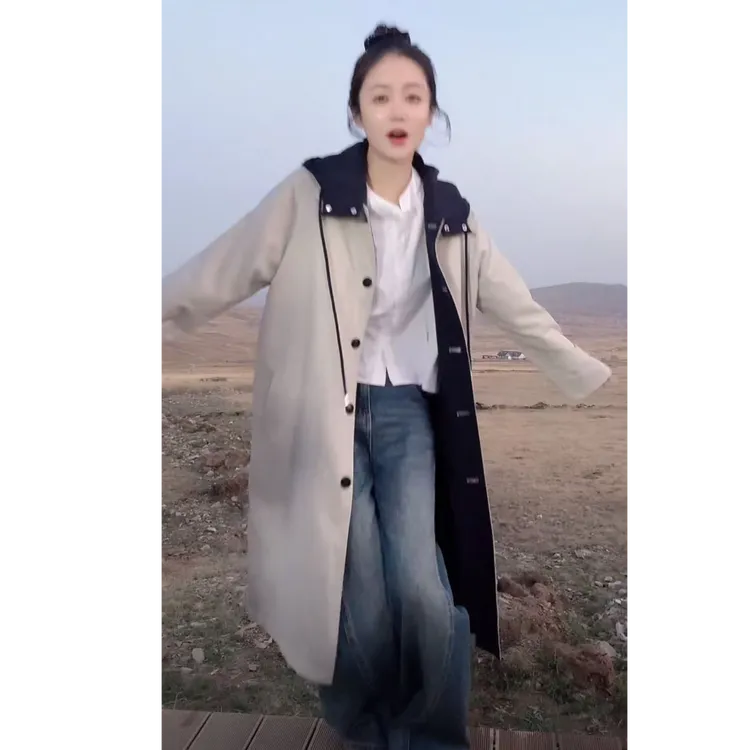 【现货】假两件连帽少女风韩系秋季英伦风中长款风衣外套女-337PP