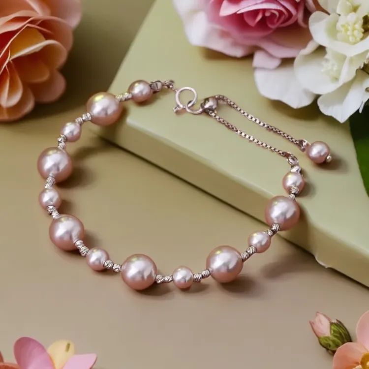 铜合金仿珍珠手链 玫瑰色珍珠手链女气质百搭小众抽拉可调节手链