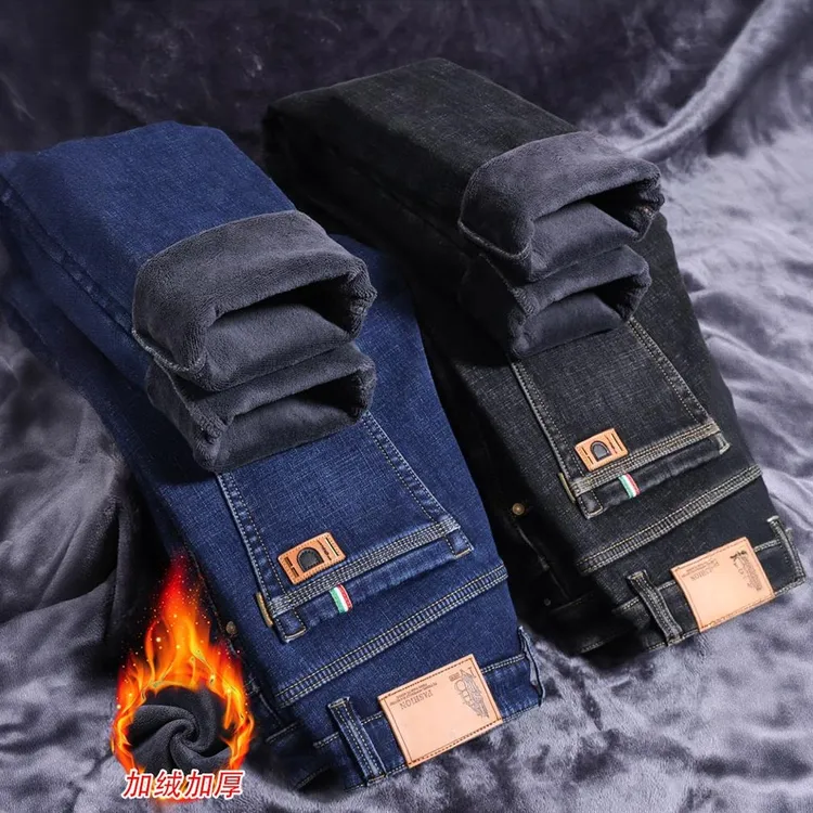 香港冬季加绒加厚牛仔裤男士修身直筒保暖休闲弹力百搭外穿长裤子