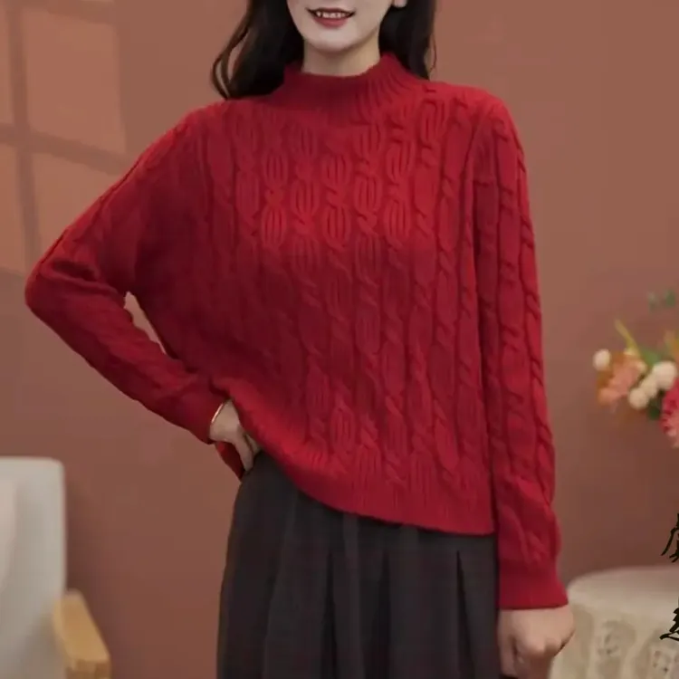 棉线不起球秋冬新款半高领休闲提花洋气宽松麻花辫加厚针织毛衣
