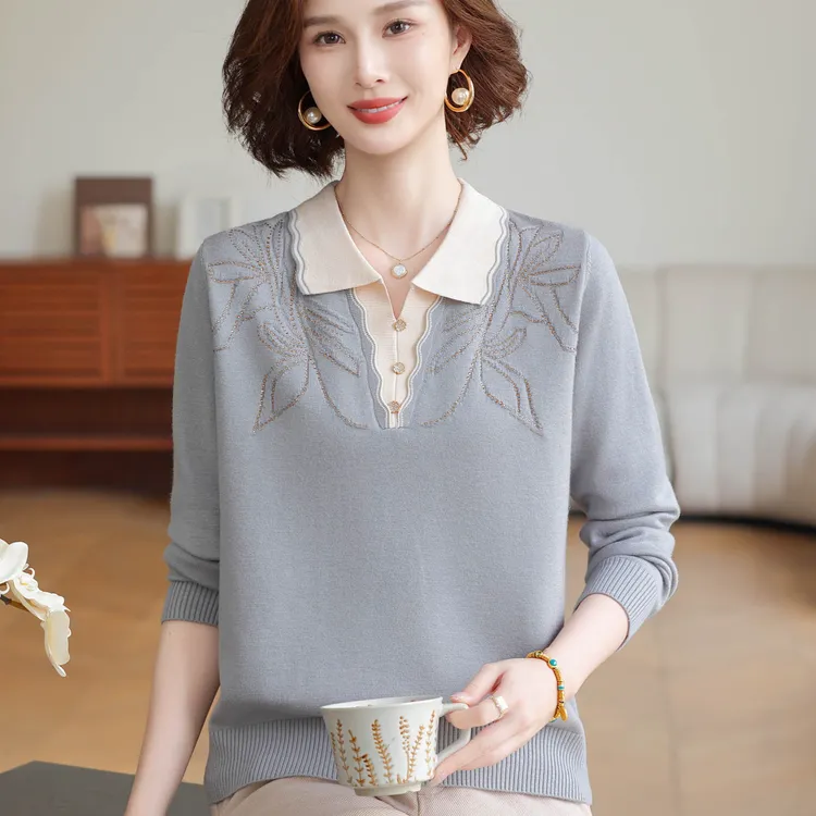 妈妈秋装新款洋气翻领上衣中老年女春秋时尚针织打底小衫毛衣套装