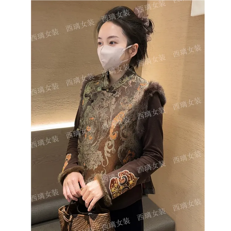 兔毛【扭转乾坤】加棉加厚秋冬季马甲新中式女士中国风马夹提花复古