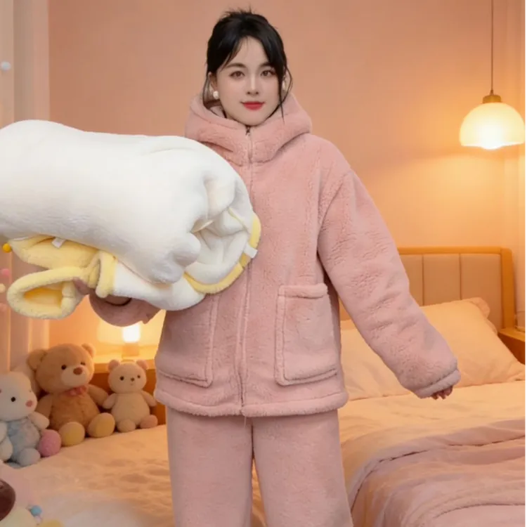 巨保暖】2025冬季复合加绒加厚北极绒连帽韩版宽松外穿套装睡衣