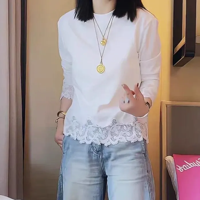 蕾丝拼接圆领长袖T恤女2025夏季新款简约百搭显瘦纯色上衣打底衫