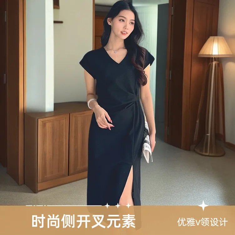 法式连衣裙女黑色休闲V领夏高腰开叉针织A字裙不规则修身中长款