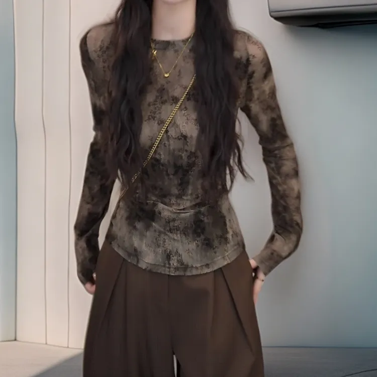 千金风修身设计感网纱印花圆领上衣女秋季2025新款法式长袖T恤