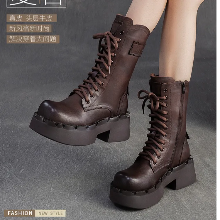 【牛皮】2025冬季新款头层牛皮复古增高马丁靴个性时尚百搭舒适潮女