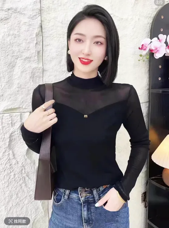 网红时尚百搭蕾丝女士长袖半高领速干打底衫纱网T恤9922