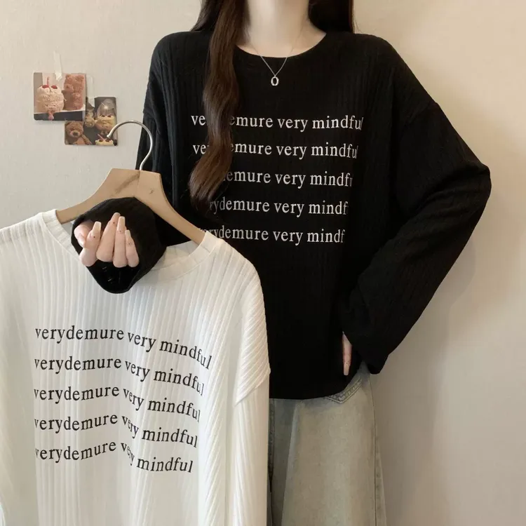 字母印花长袖t恤打底衫女春秋2025大码胖mm显瘦遮肚欧货爆款上衣