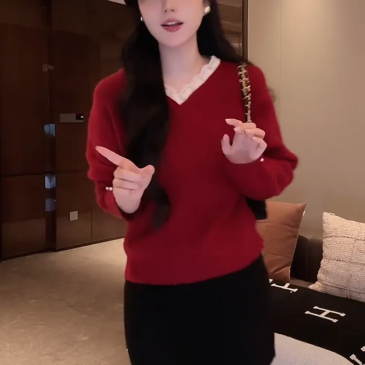 “白蕾丝边毛衣”秋冬新款气质百搭高级感优雅针织毛衣女LK2508879