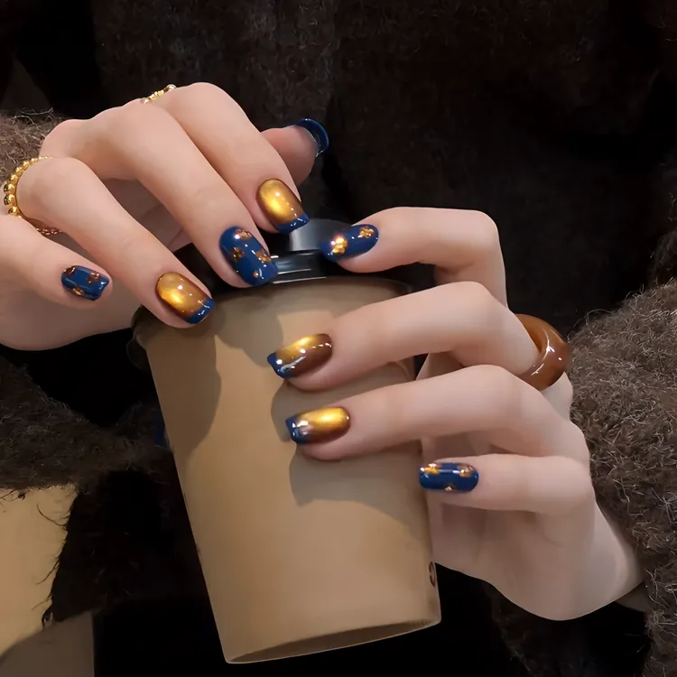 【秋日牛仔】老钱风鎏金猫眼复古手工短款显白牛仔蓝美甲贴片穿戴甲