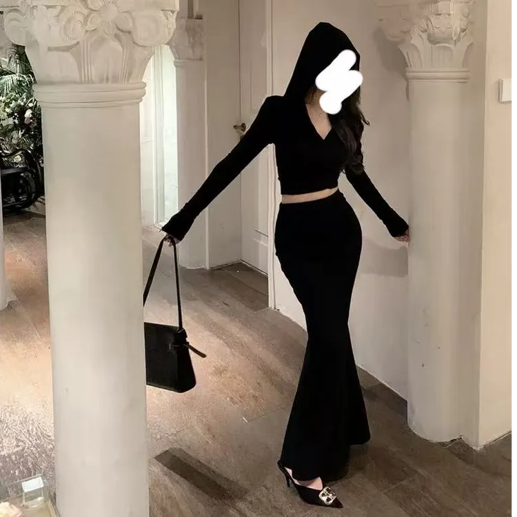 欧美辣妹穿搭性感长袖气质连帽衫上衣+高腰鱼尾包臀裙套装女秋季