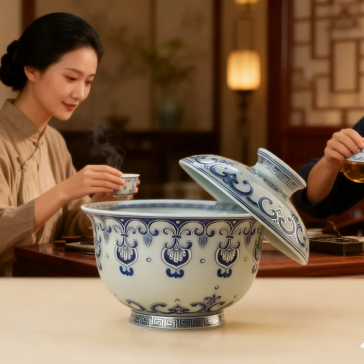 仿古青花覆银盖碗百分百可旋转悬停釉中万相花缠枝莲纹防烫不挑茶