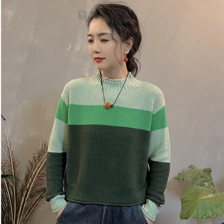 3736冬季新款半高领洋气百搭条纹拼色针织套头衫（衣长50 胸围118）