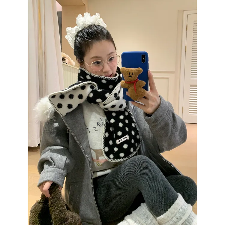 韩系ins锁边波点毛绒围巾女秋冬氛围感加厚护颈保暖户外搭配围脖