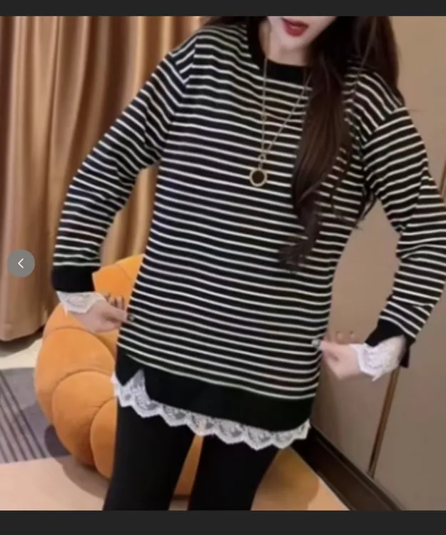 【彤彤家】9001#条纹拼接蕾丝边加绒大衫W/057