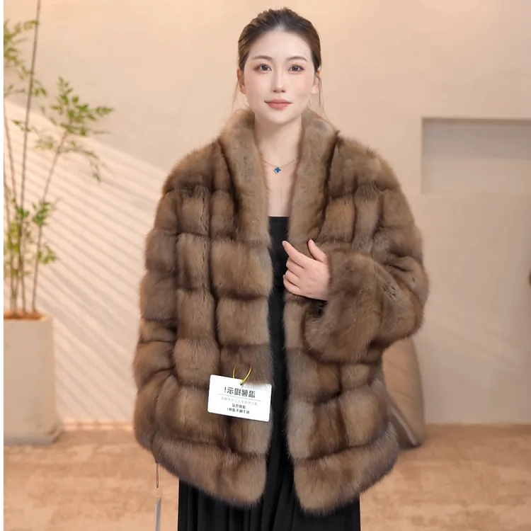 【华丽园】俄罗斯紫貂短款横排大V领时尚保暖显瘦紫貂外套