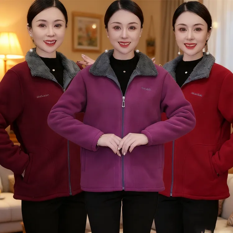 新款男女同款中老年女装冬季纯色加绒妈妈外套冬季大码开衫4