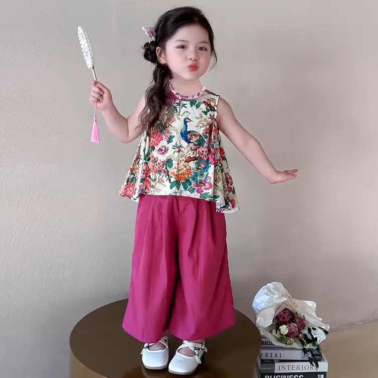 女童夏季薄款套装2025儿童夏装新款阔腿裤无袖国风女孩两件套洋气