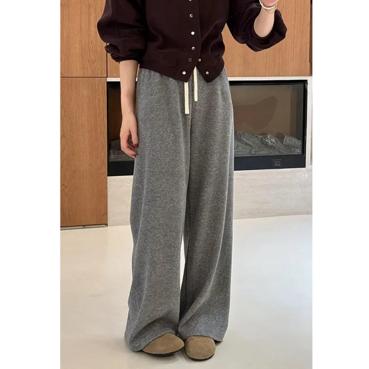 高级感灰色直筒阔腿裤女拖地裤秋冬季加绒宽松毛巾裤休闲垂感长裤