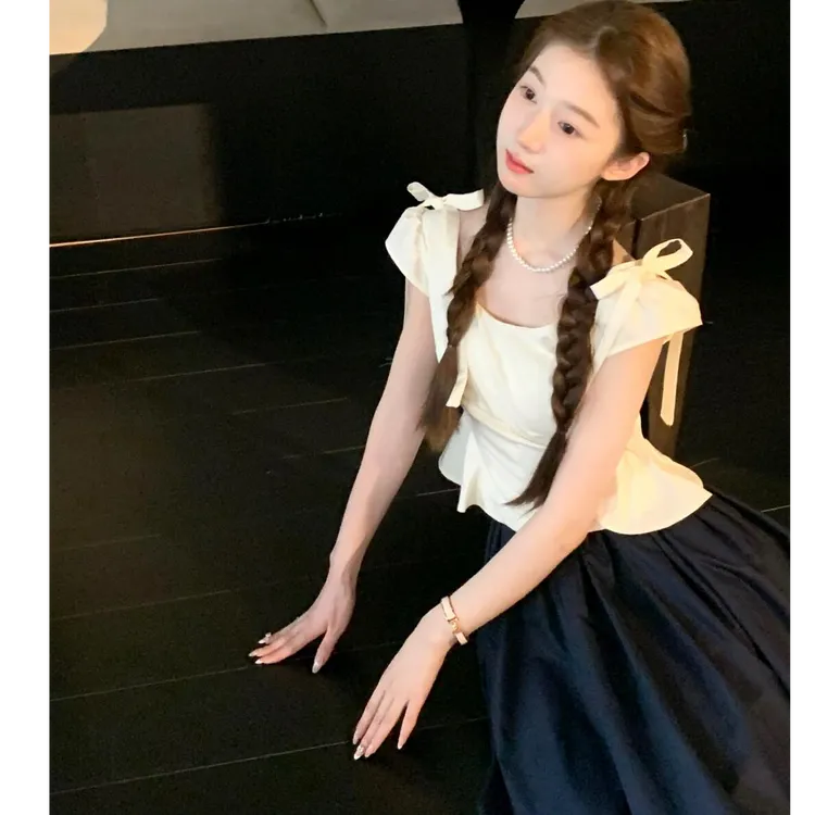 蝴蝶结设计感短款小衫法式洋气方领上衣女2025年夏季新款甜美穿搭