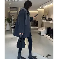 【名衣扬】针织帽大衣~前拉链斜插包针织连帽中长款大衣
