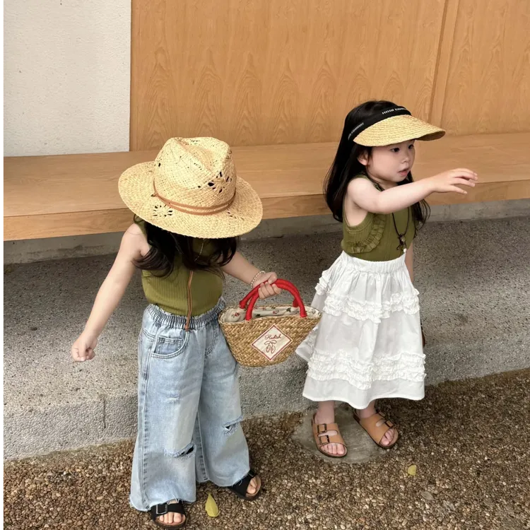 壹妈女童夏装套装2025新款时尚童装木耳边背心百搭牛仔裤两件套