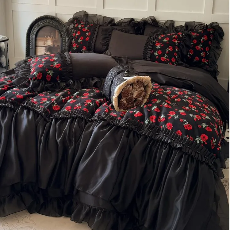 法式复古黑玫瑰全棉长绒棉四件套公主风纯棉蕾丝边被套床裙居家柔