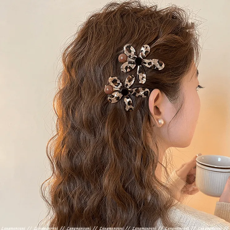 韩系甜酷豹纹太阳花发夹碎发刘海夹2025早秋新款高端侧边夹发卡