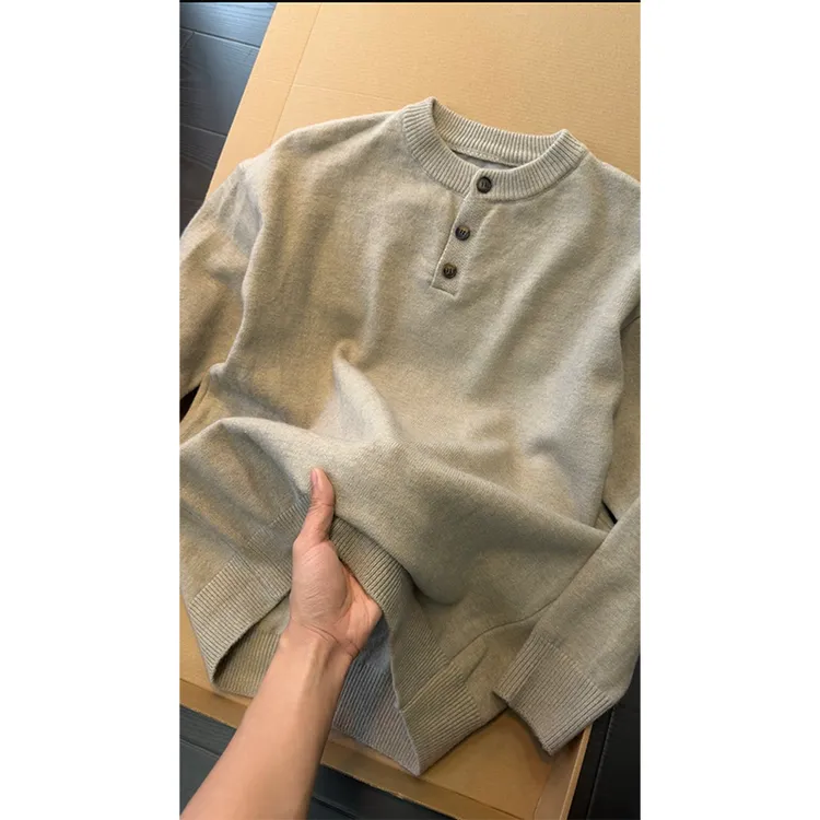 花灰色亨利领毛衣男款秋冬美式慵懒风针织衫松弛感内搭加厚打底衫