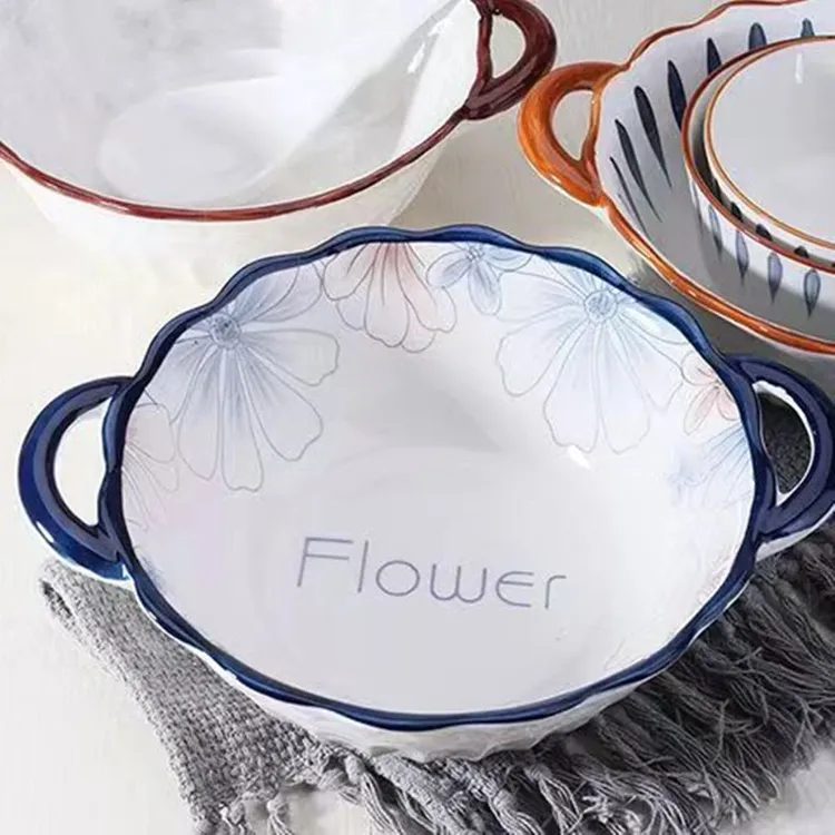 兰花10.5英寸双耳汤碗家用防烫大容量釉下彩大号汤盆蓝色面碗餐具