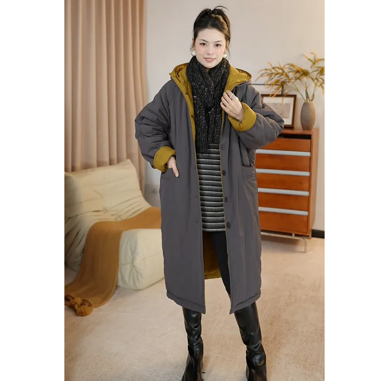 969新款灰黄宽松连帽两面穿棉服长款大码保暖加厚棉衣外塔时尚