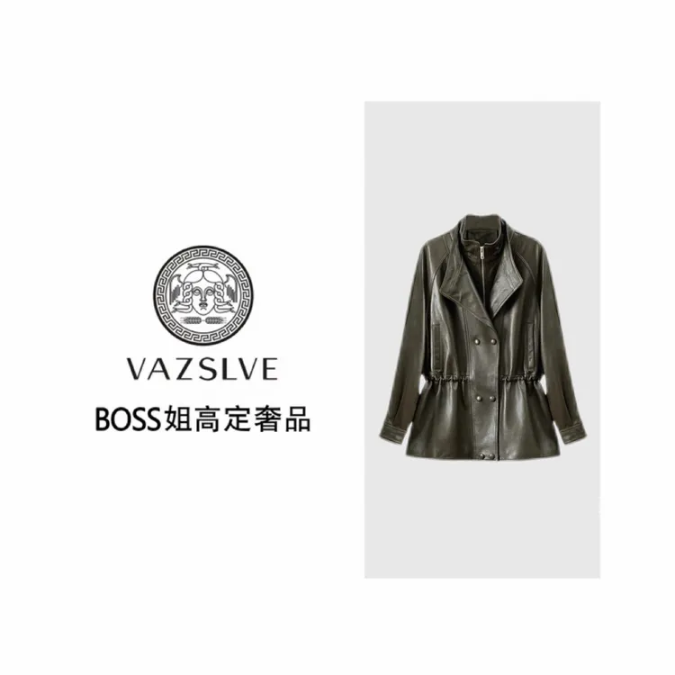 【VAZSLVE/全新奢品】捡漏杨树林双领双门襟重工橄榄绿羊皮真皮外套